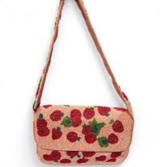 Viral beaded pink red strawberry embellished Anthro bag Handcrafted in India - Picture 3 of 5